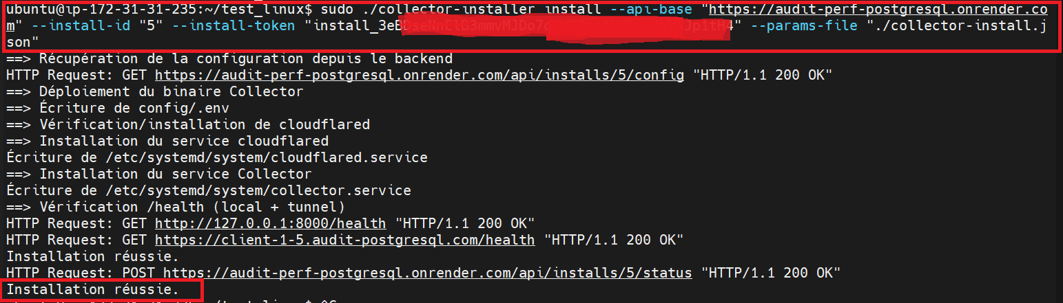 Terminal Linux affichant la commande chmod puis sudo ./collector-installer install, avec la progression en direct de l'installation jusqu'à Installation réussie